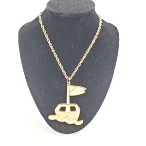 Vintage Yellow Sail Boat Necklace 24" Gold Tone